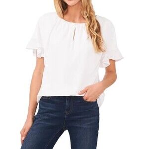 CeCe Top M Short Sleeve Scoop Neck Blouse White‎